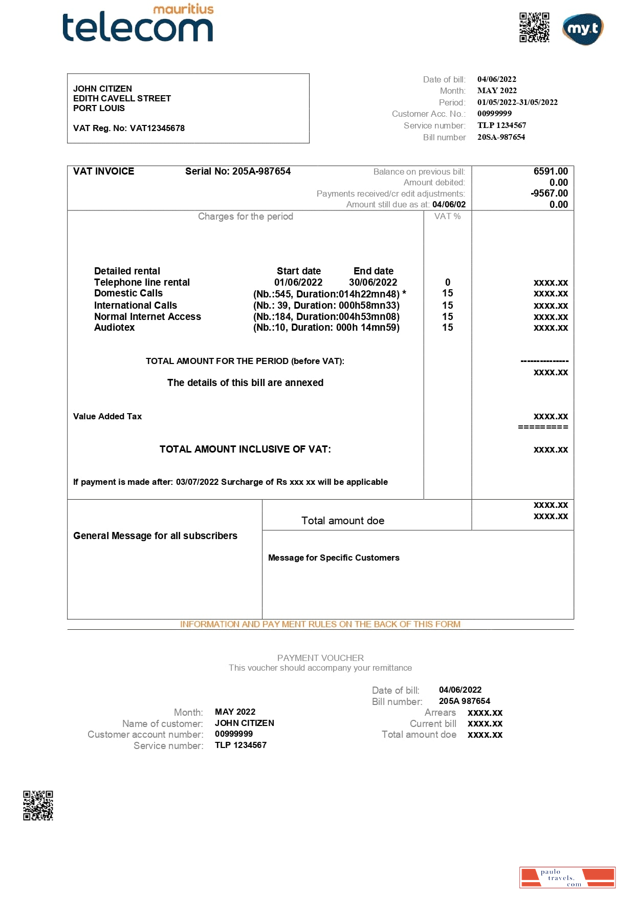 Mauritius Telecom Mauritius utility bill template in Word and PDF format